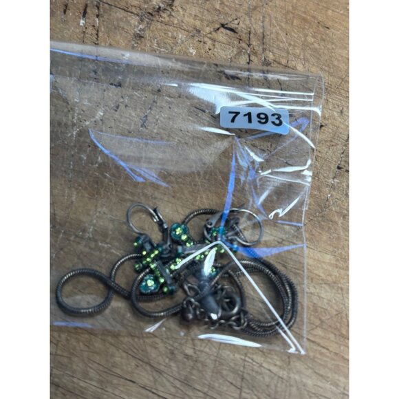 Antique-Style Cross Pendant Necklace & Earrings Set With Green Rhinestones On Me - Picture 6 of 8